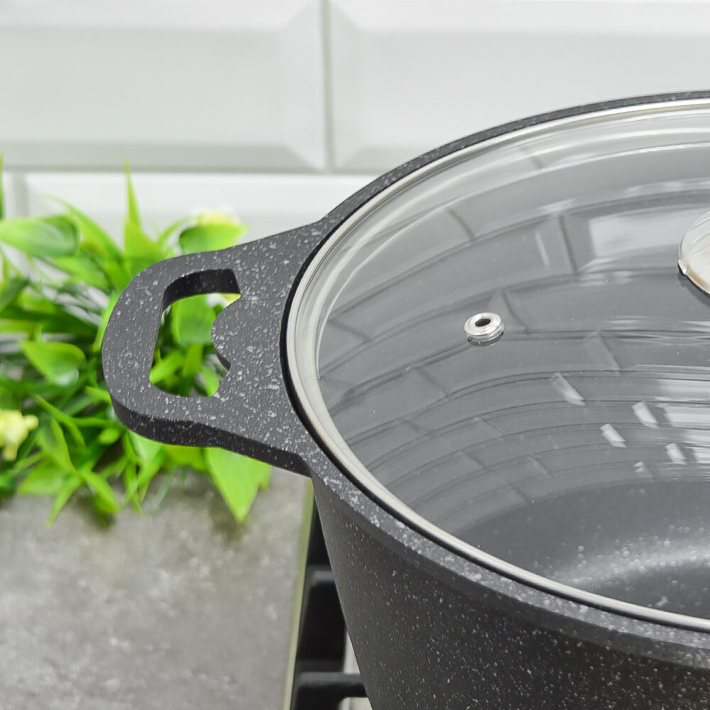 Кастрюля 6л "Темный мрамор" со стеклянной крышкой