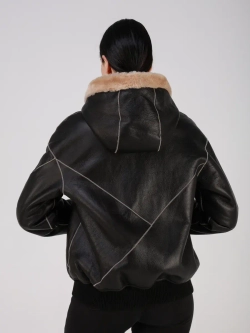 Двусторонняя дубленка зимняя шуба натуральная с капюшоном