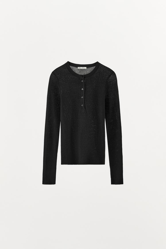 ZARA ФУТБОЛКА С ПУГОВИЦАМИ ИЗ ХЛОПКА, ЧЕРНЫЙ