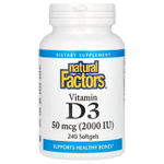 Natural Factors, витамин D3, 50 мкг (2000 МЕ), 240 мягких таблеток