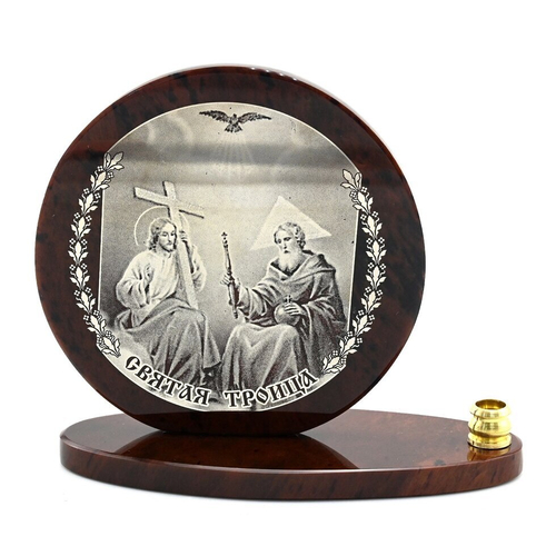 Икона из обсидиана круглая со святыми "Святая троица" диаметр 85 мм.