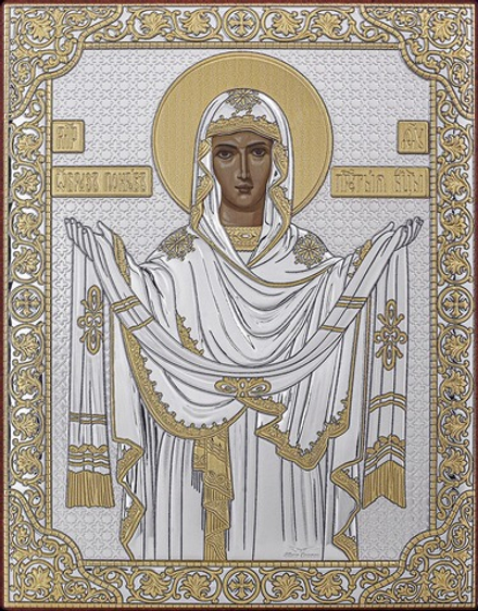 Икона Покров БМ: 23х18, напыление серебром и золотом, настольная с подст., P-5/К (Греция)