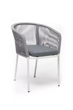 "Марсель" стул плетеный из роупа, каркас алюминий белый шагрень, роуп светло-серый круглый, ткань светло-серая