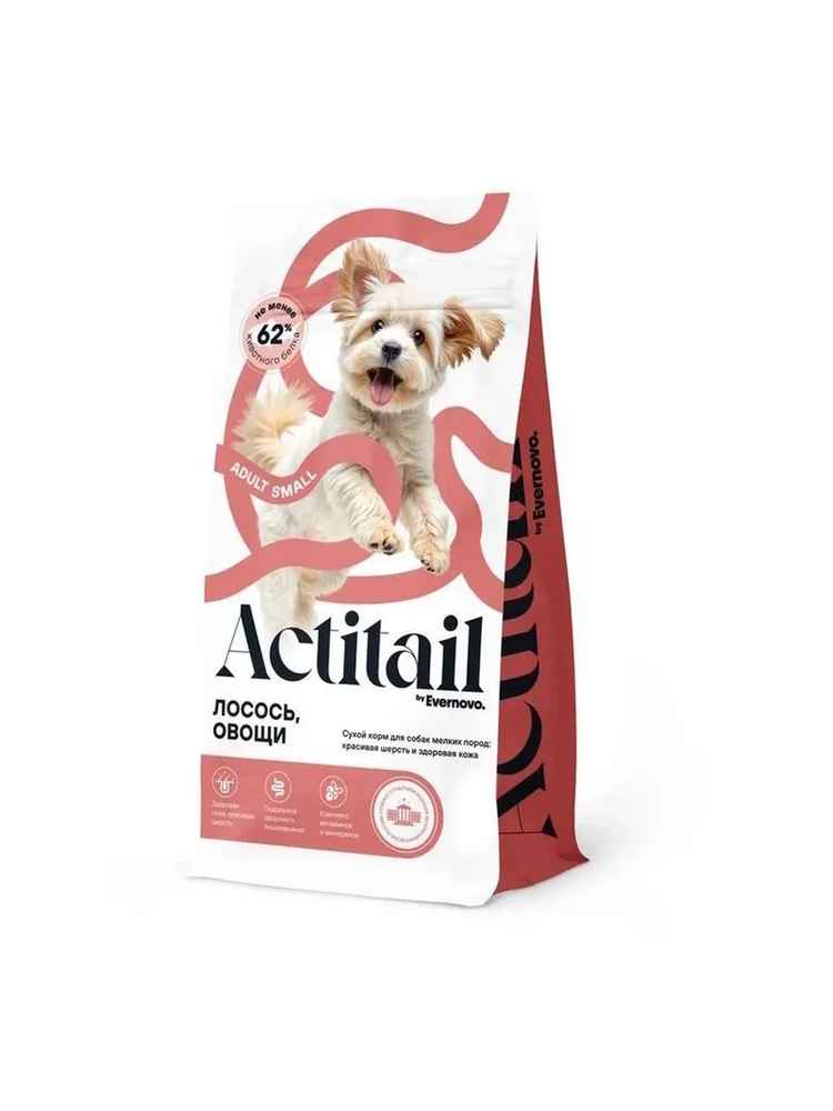 Actitail корм сухой для взрослых собак мелких пород красивая шерсть, здоровье кожи, лосось, овощи