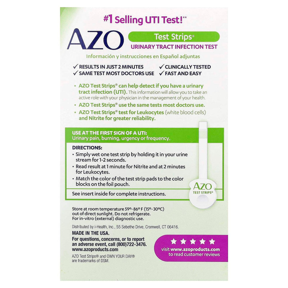 AZO, Test Strips®, тест на инфекцию мочевыводящих путей, 3 полоски для самопроверки
