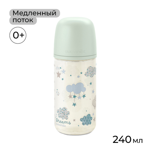 Стеклянная бутылочка для кормления Suavinex Dreams 240 мл, медленный поток, зеленый 0 мес+