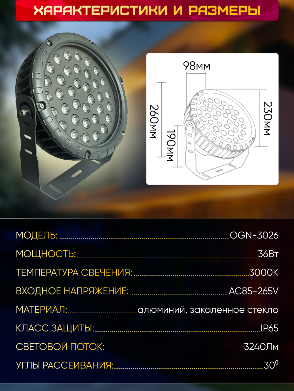 Прожектор для архитектурного и ландшафтного освещения 220V 36W 3000К теплый белый, угол 30 градусов