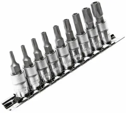 Набор головок-бит 5-лучевых с отверстием, 9 пр: TS10, 15, 20, 25, 27, 30, 40, 45, 50 JTC-3303