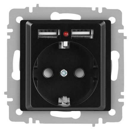 Розетка Intro Accent 6-410-05 , P+E Schuko со шторками, 16А-250В + 2хUSB, IP20, СУ, антрацит