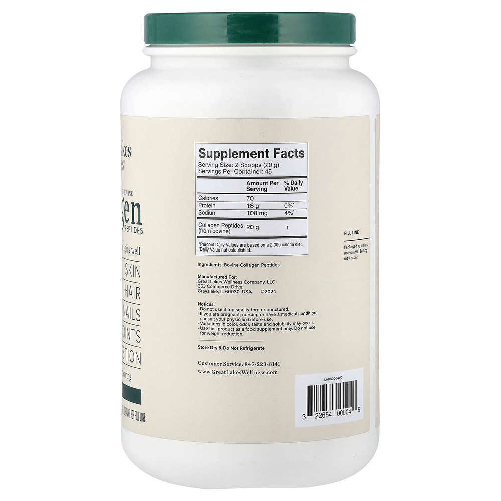 Great Lakes Wellness, пептиды бычьего коллагена от животных травяного откорма, без вкусовых добавок, 907 г (32 унции)