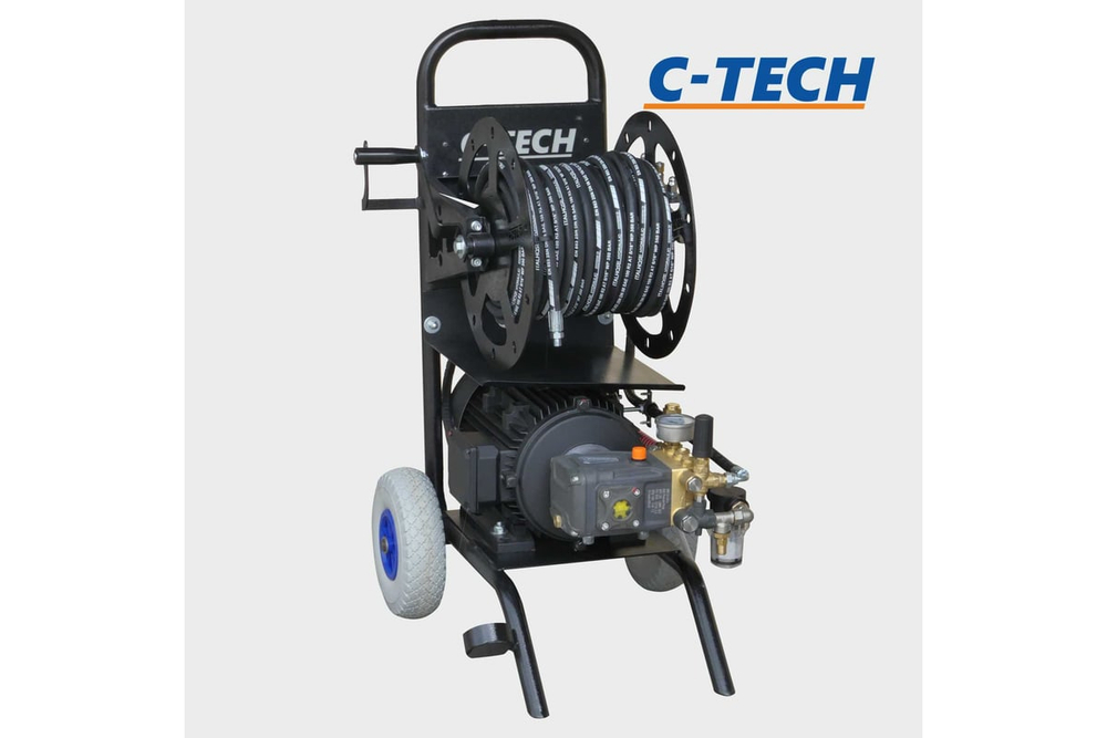 Гидродинамическая установка C-TECH для прочистки канализации, комплект 3 форсунки, шланг 30м, системы безопасности (200 бар, 1200