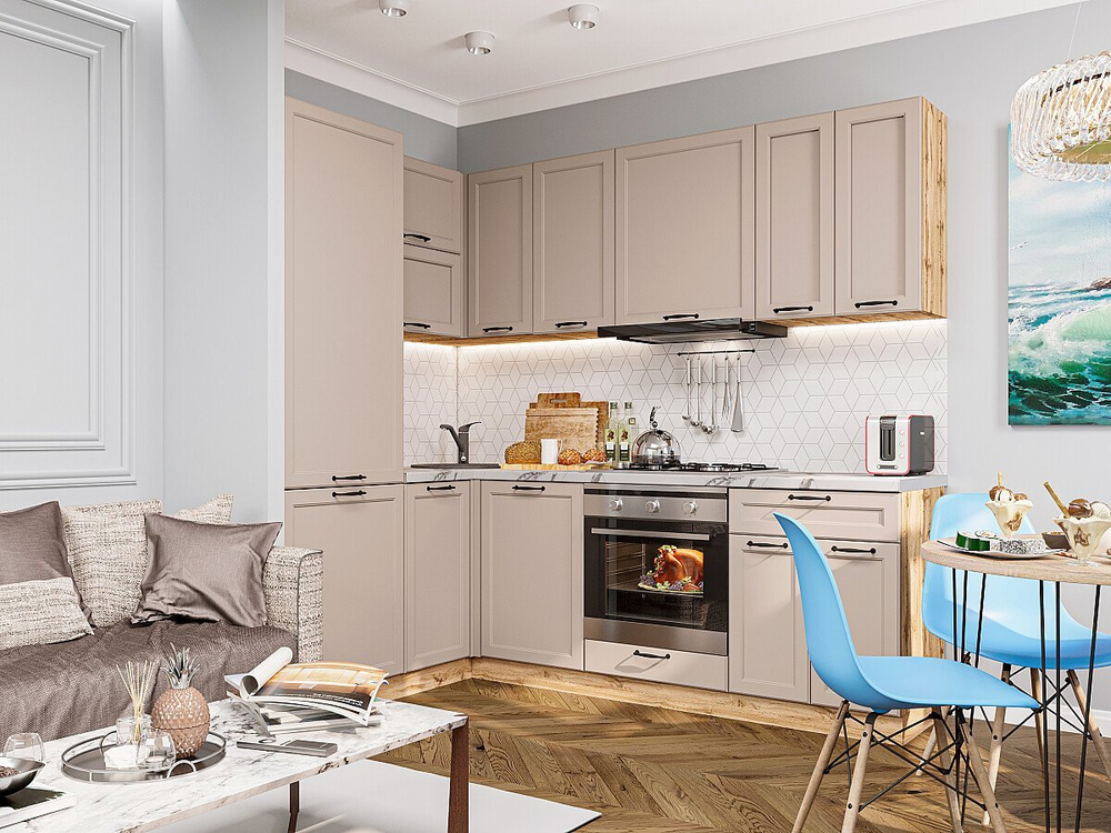 Угловая модульная кухня Барселона-04 Кашемир - Дуб Вотан 2140*1550/2200*600