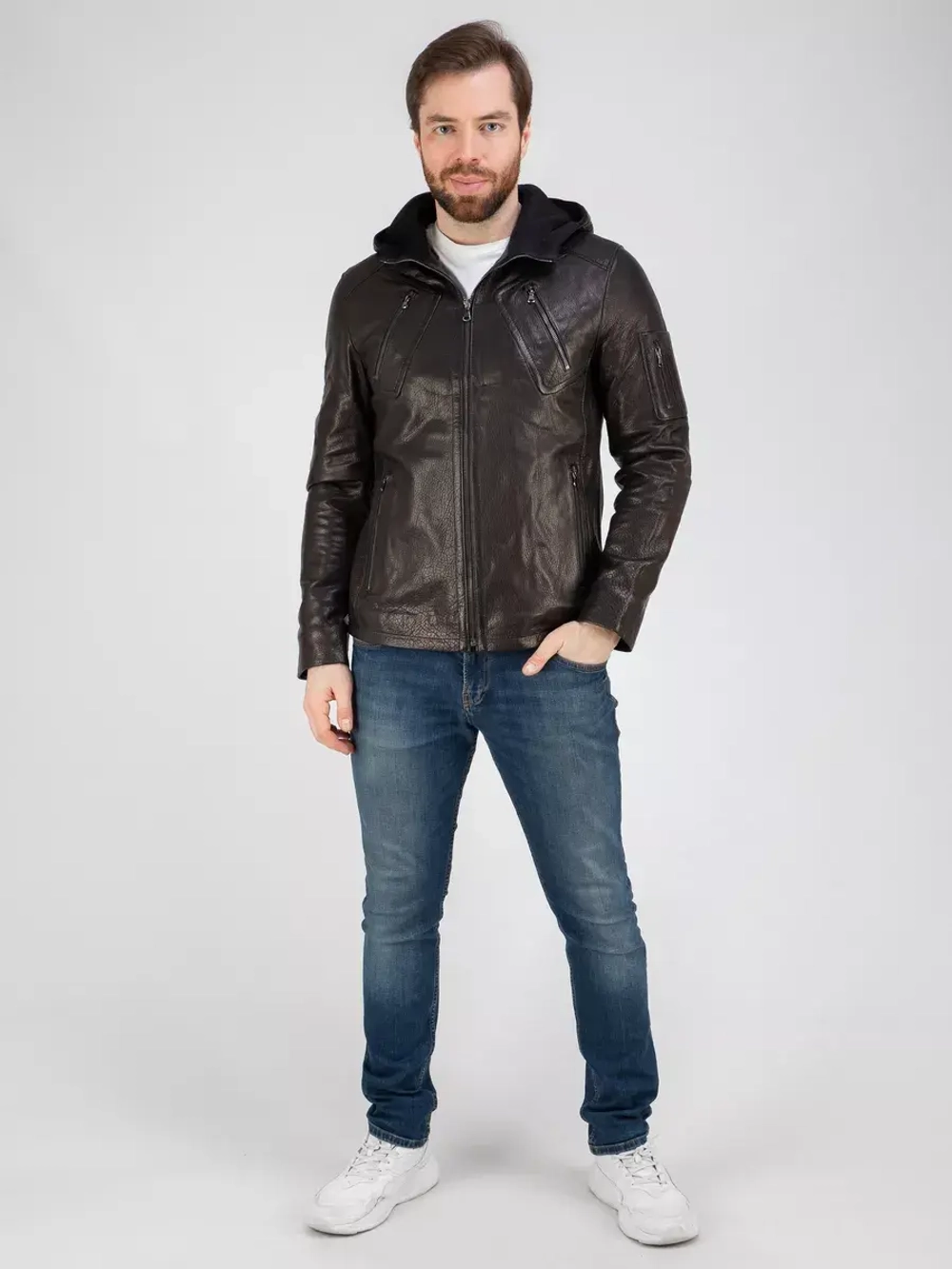 Куртка кожаная натуральная с капюшоном