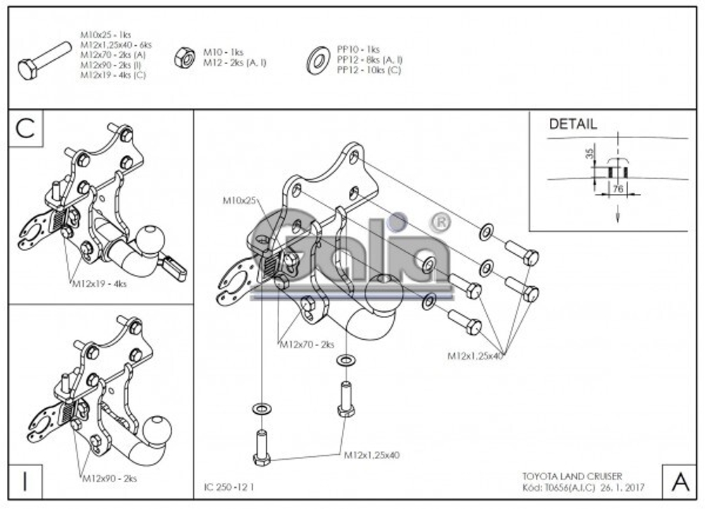 Фаркоп оцинкованный Galia T065C для Toyota Land Cruiser Prado 2003-2009, 2009-, Lexus GX 470 2003-2009, GX 460 2009-(паспорт и сертификат в комплекте)(без электрики)