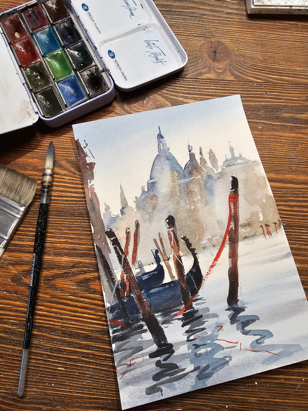 Картина авторская акварельная в паспарту 21х30 см на стену для интерьера "Венецианская романтика"