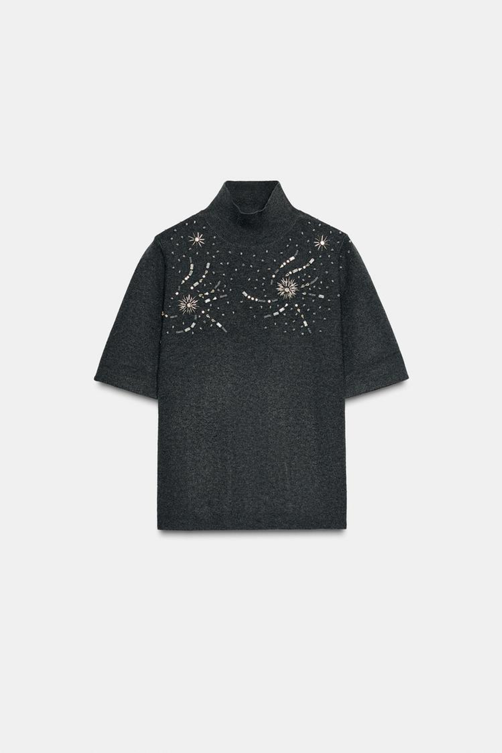 ZARA СВИТЕР С БУСИНАМИ И КОРОТКИМИ РУКАВАМИ, СЕРЫЙ