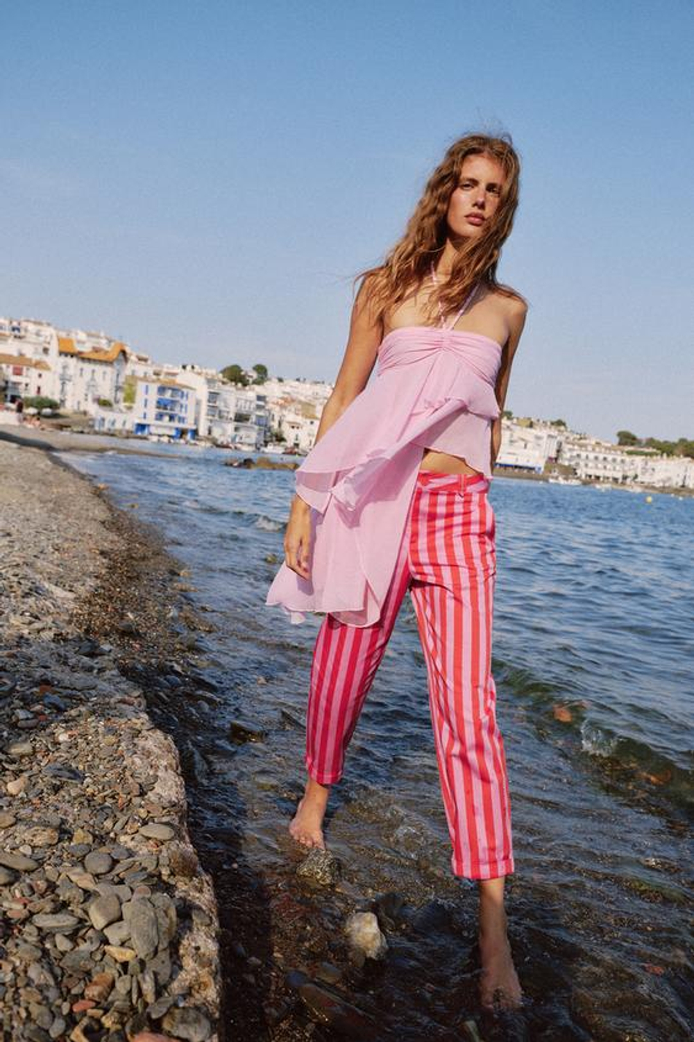 ZARA ТОП С АСИММЕТРИЧНЫМИ ВОЛАНАМИ, ЛИНЯЛЫЙ РОЗОВЫЙ