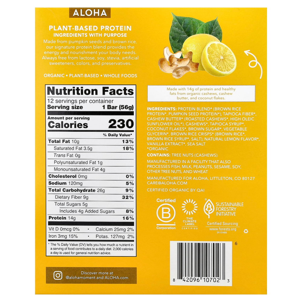 Aloha, Organic Protein Bars, Lemon Cashew, 12 Bars, 1.98 oz (56 g) Each