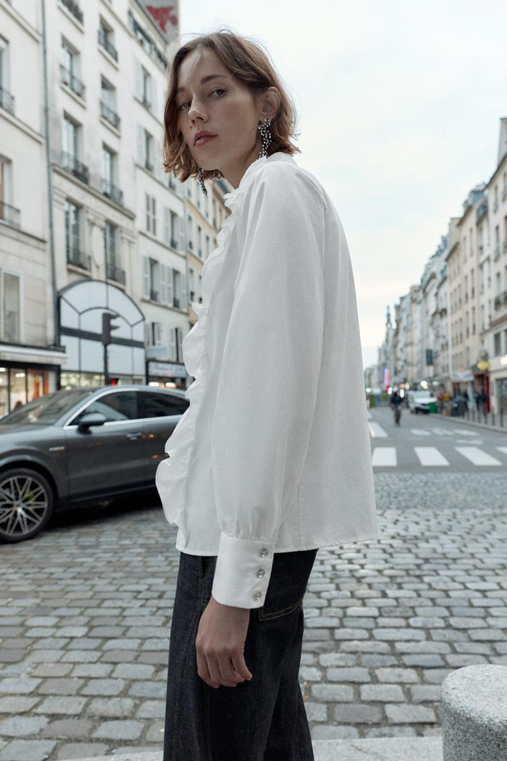 ZARA РУБАШКА ИЗ ПОПЛИНА С БУСИНАМИ НА ЛАЦКАНЕ, БЕЛЫЙ