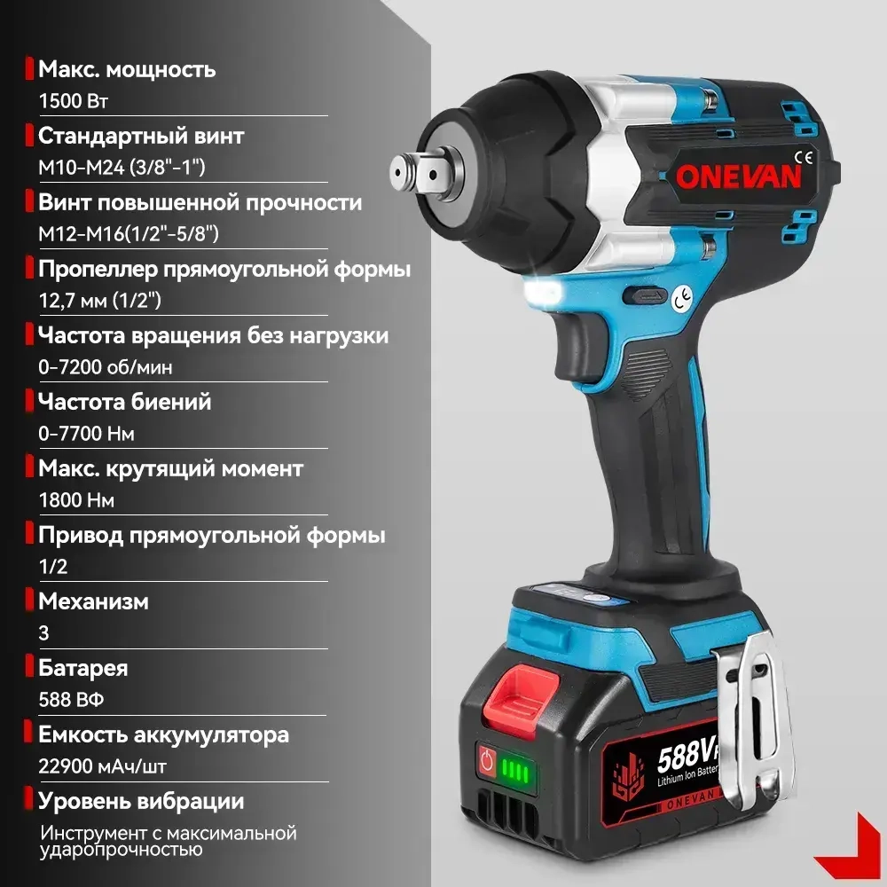 Бесщеточный гайковерт аккумуляторный ударный ONEVAN с крутящим моментом 1800 Нм 1/2 дюйма Электроинструмент для аккумулятора 21 В