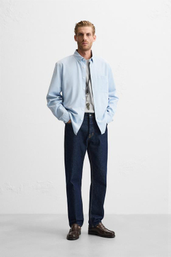 ZARA РУБАШКА ИЗ ХЛОПКА И ЛИОЦЕЛЛА, НЕБЕСНО-ГОЛУБОЙ