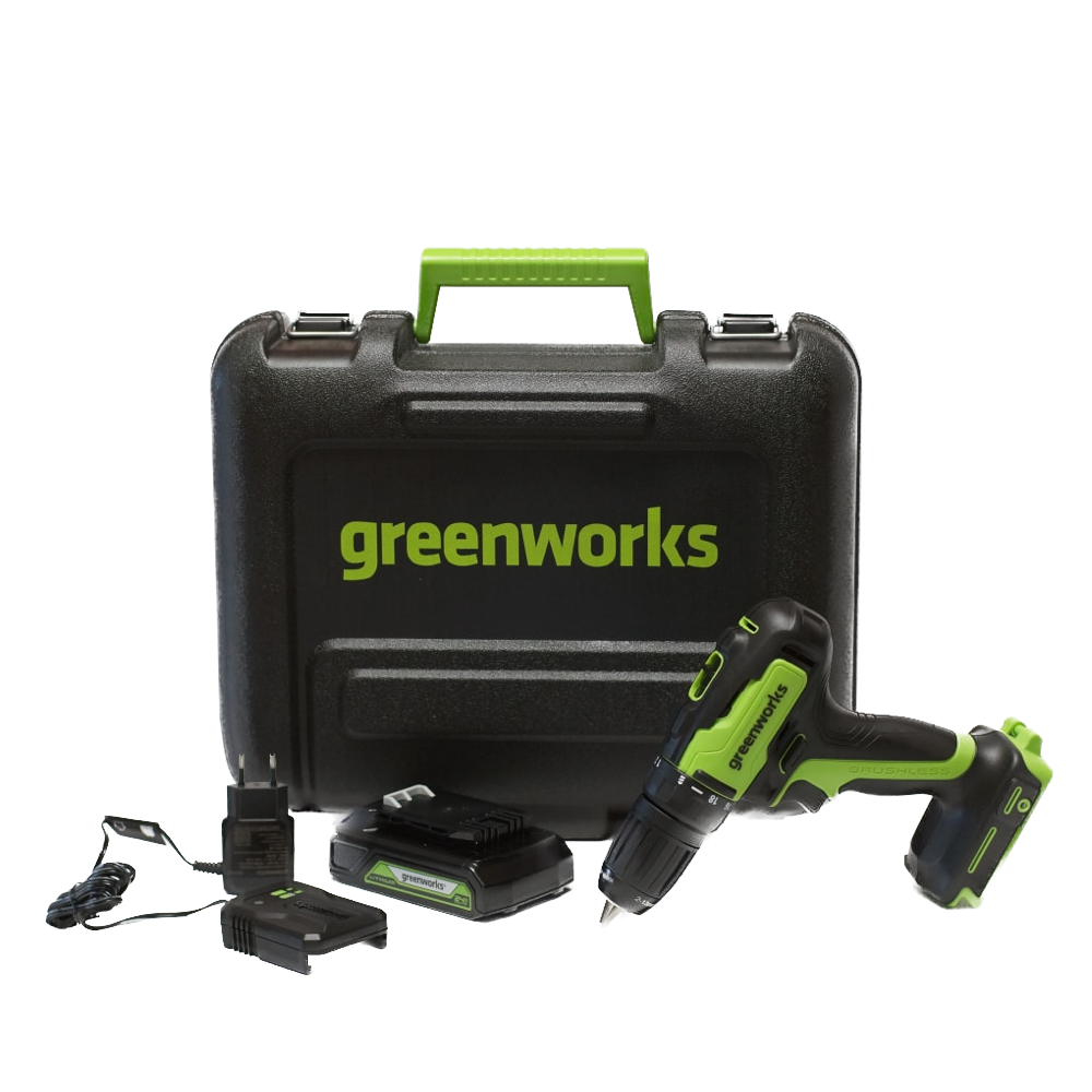 Дрель-шуруповерт аккумуляторная Greenworks Арт. 3704007UA, 24V, c 1хАКБ 2 Ач и ЗУ в кейсе