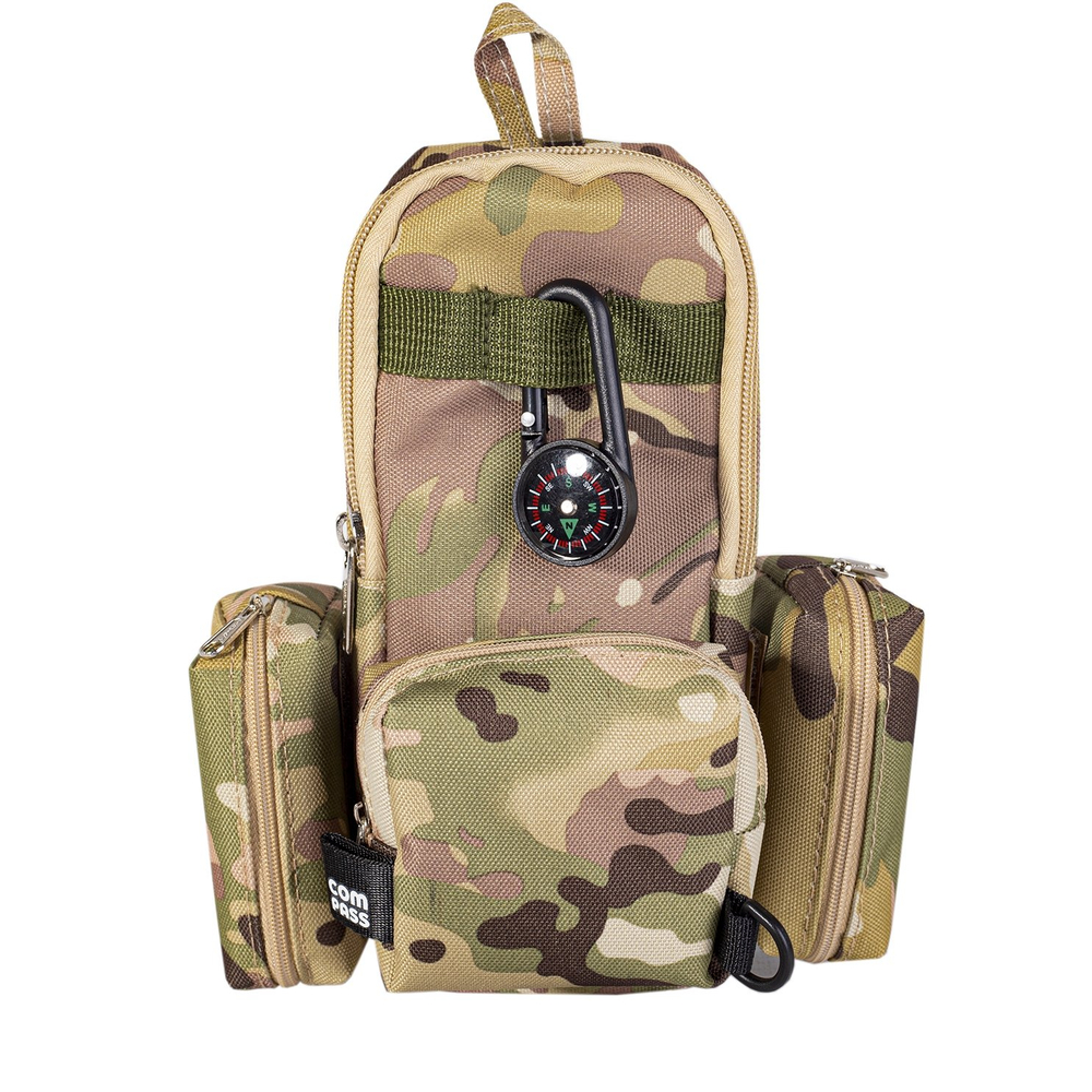 Пенал - косметичка Alingar, ткань, молния, три кошелька-кармана, брелок-компас, 210 х 170 х 40 мм, "Compass", ассорти комуфляж