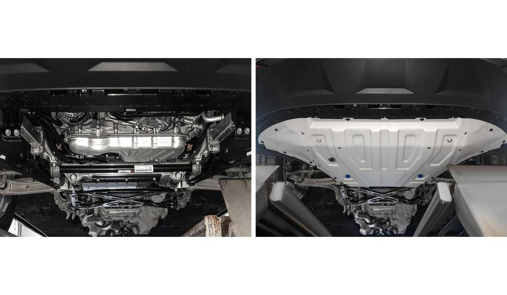 Защита радиатора и картера Rival для Volkswagen Touareg III (V - 2.0 TSI (249 л.с.); 3.0 TSI (340 л.с.); 3.0TDI (249 л.с.)) (вкл. пакеты "Движение по бездорожью" и "Подвеска Pro") 2018-н.в., штампованная, алюминий 3 мм, с крепежом, 3 части, 333.5870.1