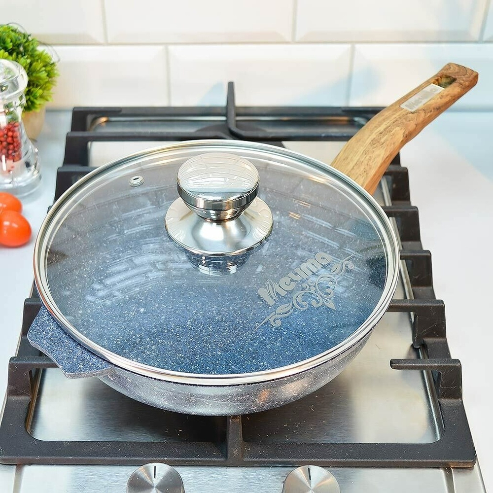 Сковорода 22см Premium blue с несъемной ручкой и стеклянной крышкой