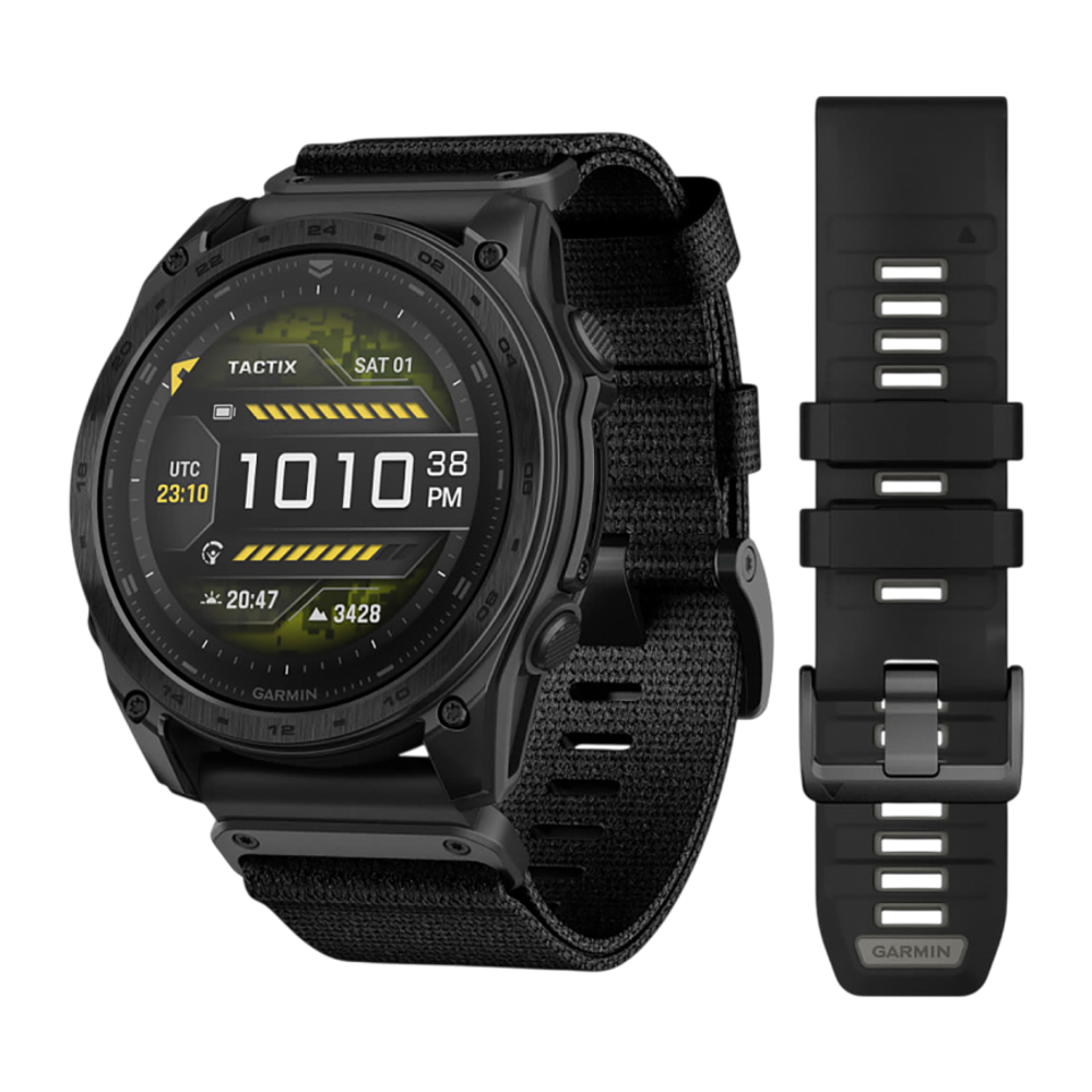 Спортивные часы Garmin tactix 8, 51 мм, AMOLED, чёрный нейлоновый ремешок, силиконовый ремешок цвета чёрный/«серая галька» Безель из титана, AMOLED-дисплей с сапфировым стеклом. Нейлоновый ремешок и силиконовый ремешок с классическими застёжками — на запя