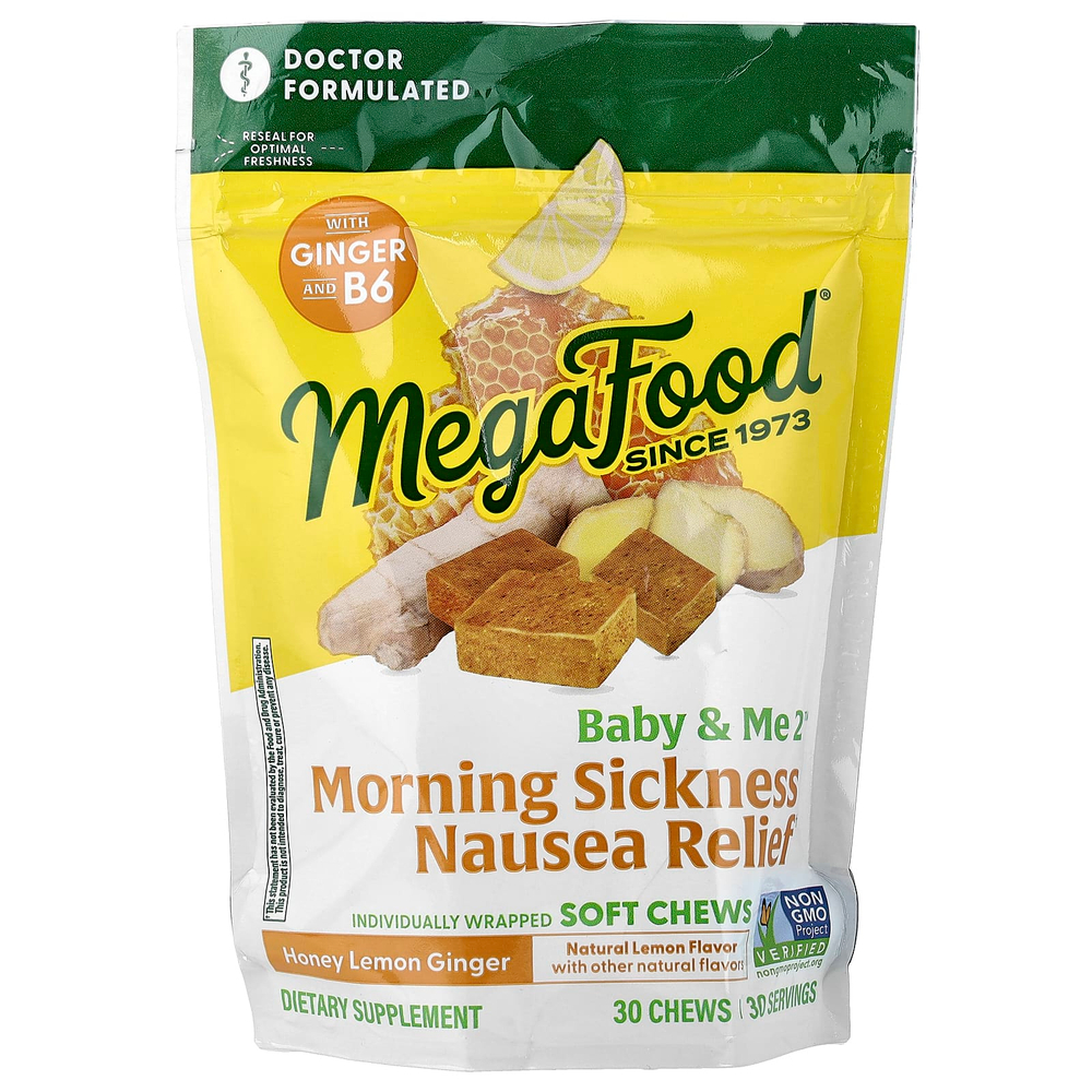 MegaFood, Baby & Me2®, средство от утренней токсикоза, мед, лимон и имбирь, 30 жевательных таблеток