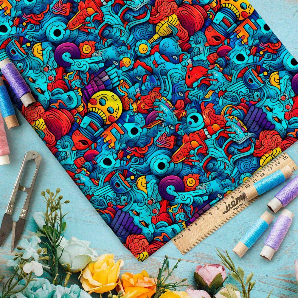 Ткань премиум габардин мультяшный хаос