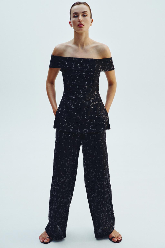 ZARA БРЮКИ ОБЪЕМНОГО КРОЯ С ПАЙЕТКАМИ, ЧЕРНЫЙ