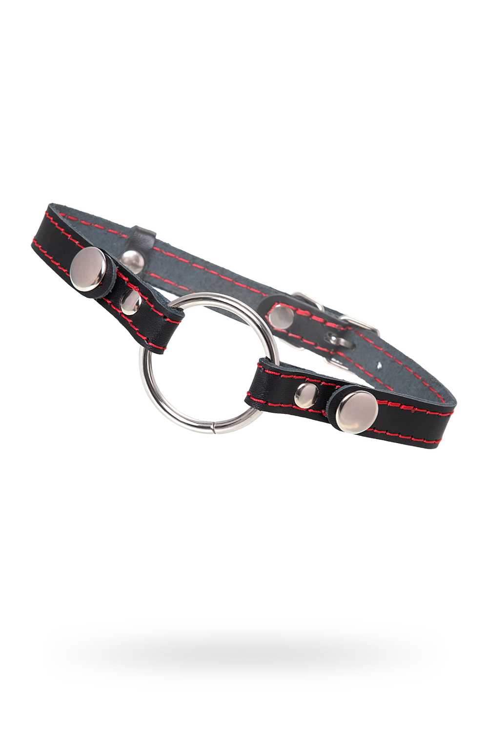 Кляп Pecado BDSM, «Кольцо 46 мм», с красной строчкои, натуральная кожа, черный