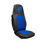 Чехлы VOLVO FH-13 после 2018 года: 2 высоких сиденья, ремни из сиденья (есть вырезы под ремень) (экокожа, черный, синяя вставка)