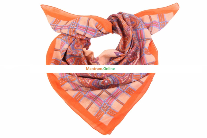 Платок материал Хлопок 100% "Цветы, Квадраты" цвет оранжевый, сиреневый 100x100 см.