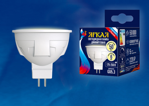 LED-JCDR 6W/WW/GU5.3/FR/DIM PLP01WH Лампа светодиодная, диммируемая. Форма «JCDR», матовая. Серия ЯРКАЯ. Теплый белый свет (3000K). Картон. ТМ Uniel