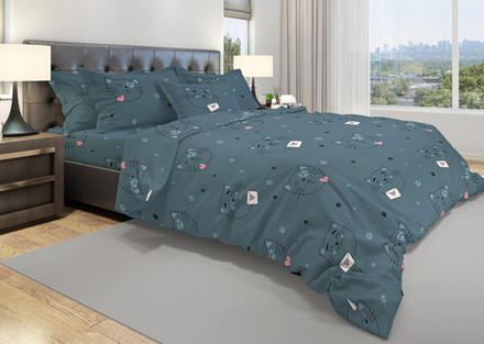 Комплект постельного белья Дуэт с простыней на рез. 180х200 БЯЗЬ "Cats in love" (нав. 50х70-)