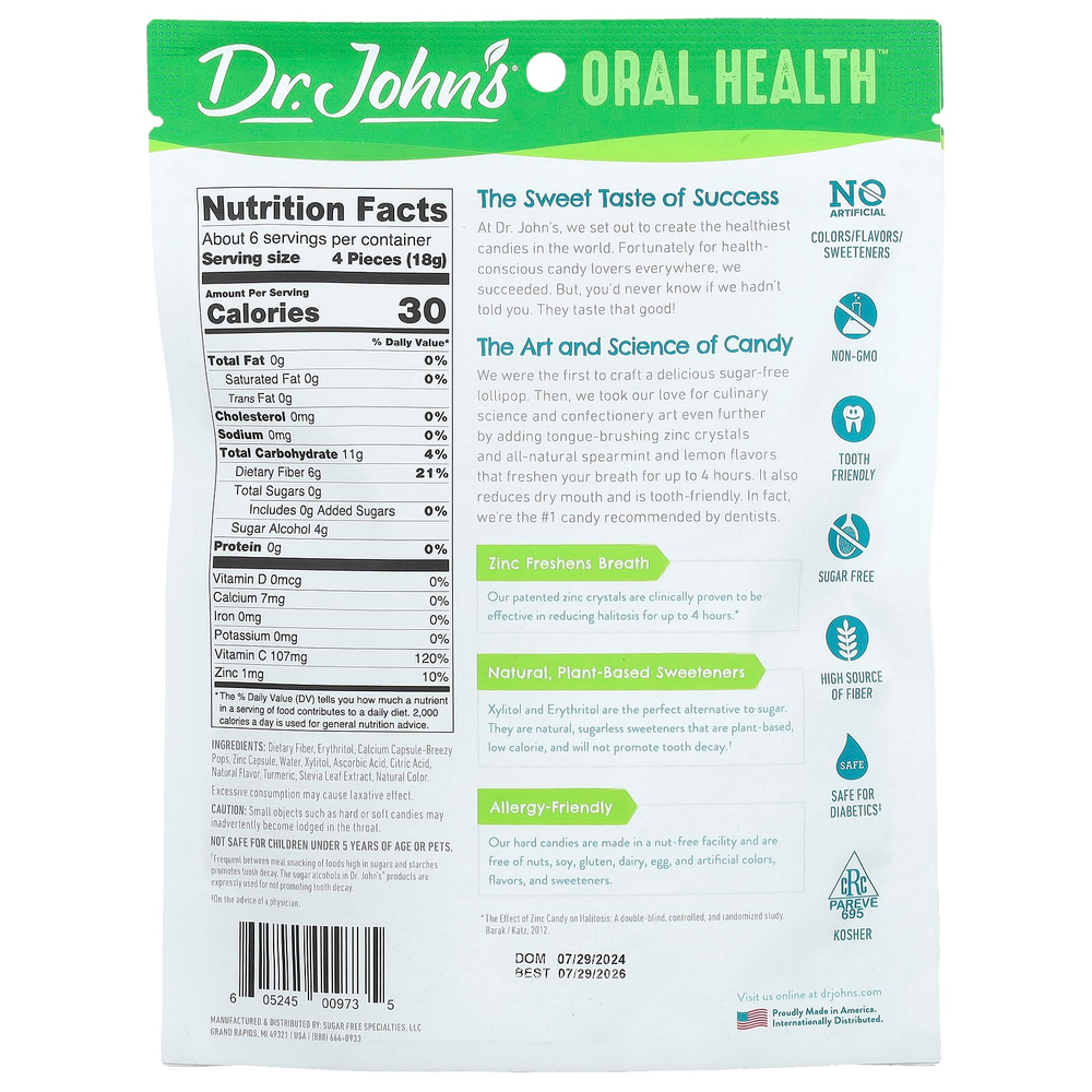 Dr. John's Healthy Sweets, Oral Health™, капли для свежести дыхания, с кристаллами цинка, лимон и мята, без сахара, 24 конфеты в индивидуальной упаковке, 109 г (3,85 унции)