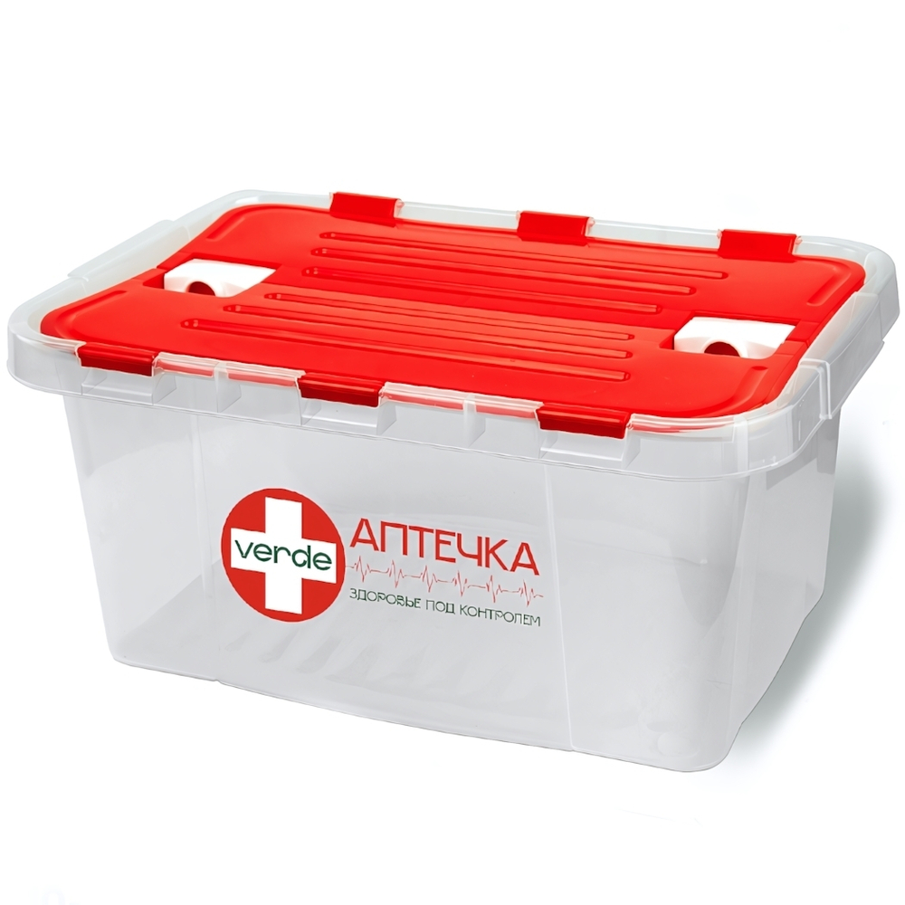 Контейнер "Аптечка" 10л VERDE прозрачный с красными распашными крышками