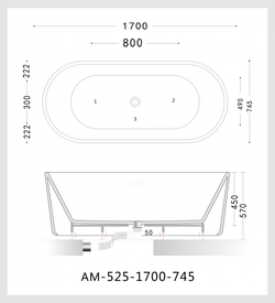 Акриловая ванна ARTMAX AM-525-1700-745 отдельностоящая со сливом-переливом ,сифон в комплекте