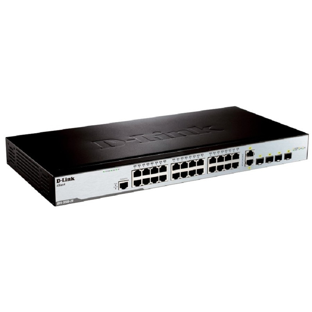 D-Link DES-3200-28/C1A Управляемый L2 коммутатор с 24 портами 10/100Base-TX, 2 портами 100/1000Base-X SFP и 2 комбо-портами 100/1000Base-T/SFP