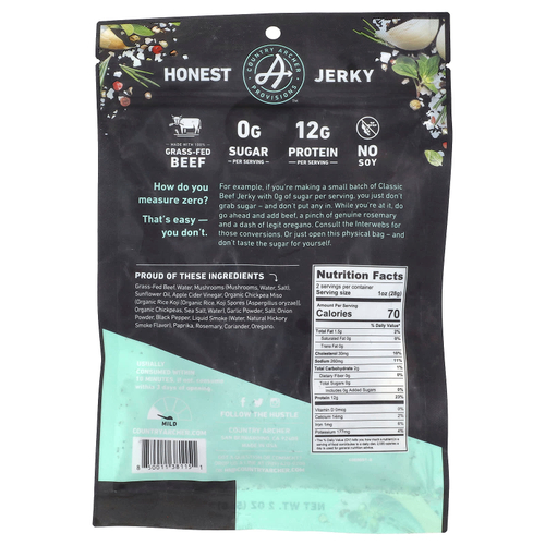 Country Archer Jerky, вяленая говядина от коров травяного откорма, классическая, 56 г (2 унции)