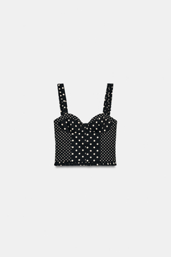 ZARA ТОП В БЕЛЬЕВОМ СТИЛЕ В ГОРОШЕК, ЧЕРНЫЙ/БЕЛЫЙ