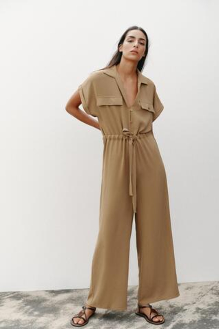 ZARA КОМБИНЕЗОН ИЗ СТРУЯЩЕЙСЯ ТКАНИ С КАРМАНАМИ, ХАКИ