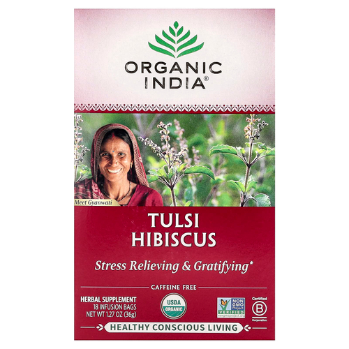 Organic India, Tulsi Tea, гибискус, без кофеина, 18 пакетиков для заваривания, 36 г (1,27 унции)