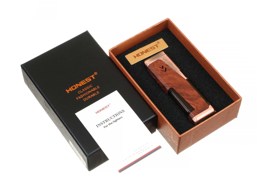 Зажигалка сигарная Honest, четверное пламя, с пробойником и сигарным ложементом, бронза с деревом 778-Wood