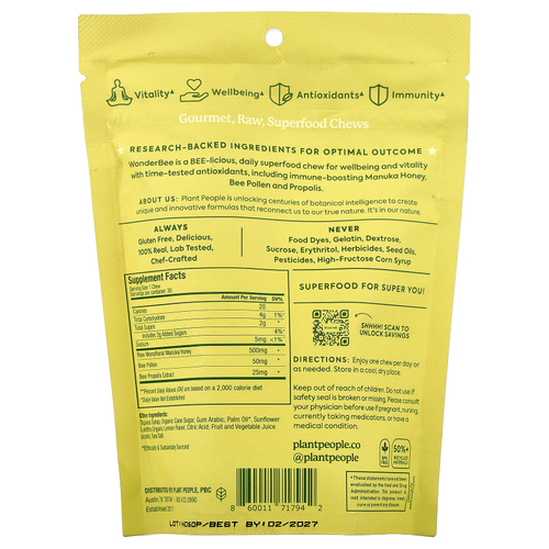 Plant People, WonderBee®, жевательные таблетки с медом из суперпродуктов, лимон, MGO 400+, 30 жевательных таблеток