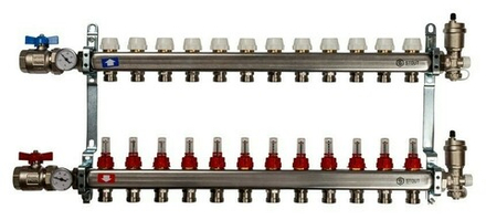 Коллектор Stout 1" x 3/4" на 12 контуров с расходомерами в сборе (нерж. сталь) SMS-0907-000012