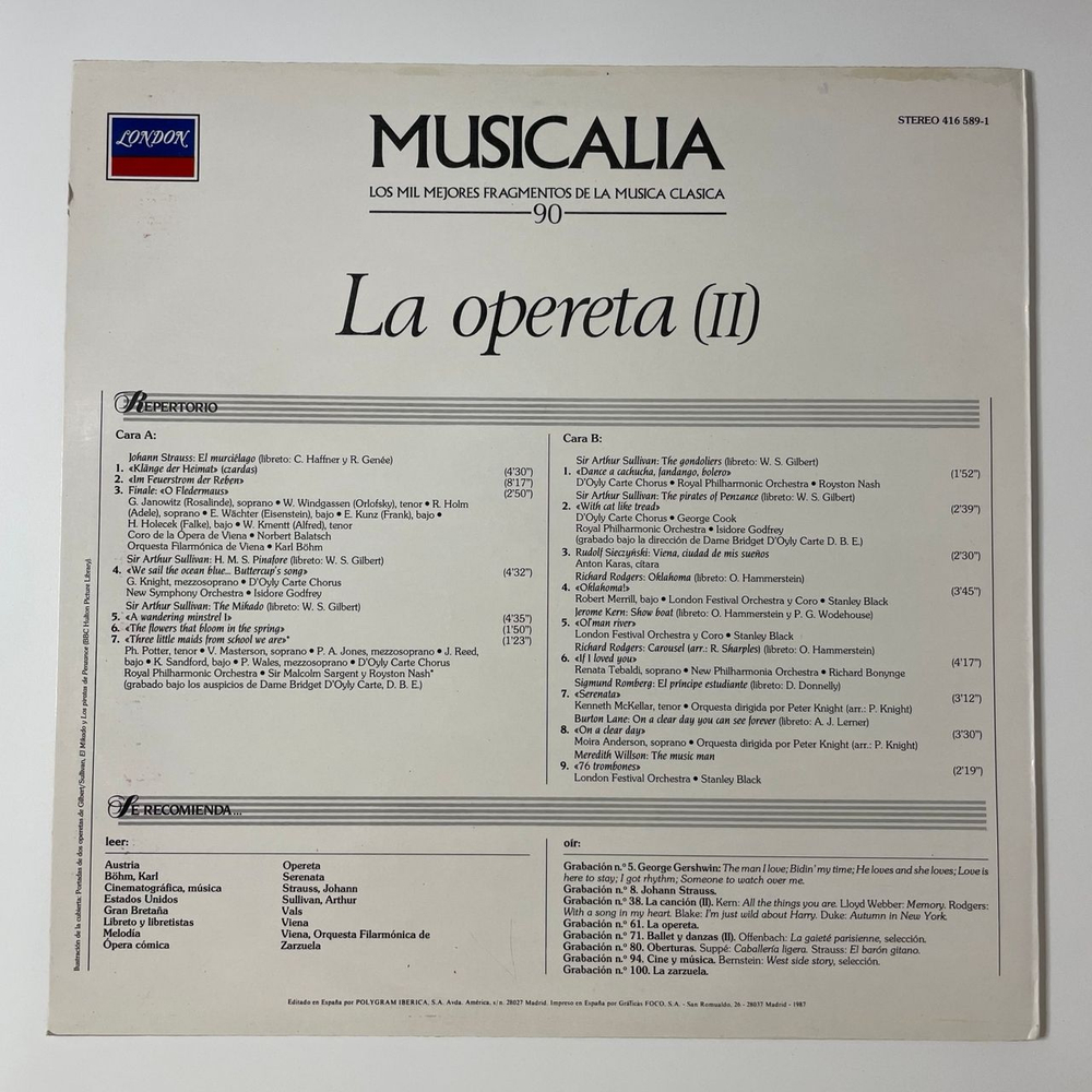 Винтажная виниловая пластинка LP Сборник Оперетт Musicalia 61. La Opereta II (Испания 1987)
